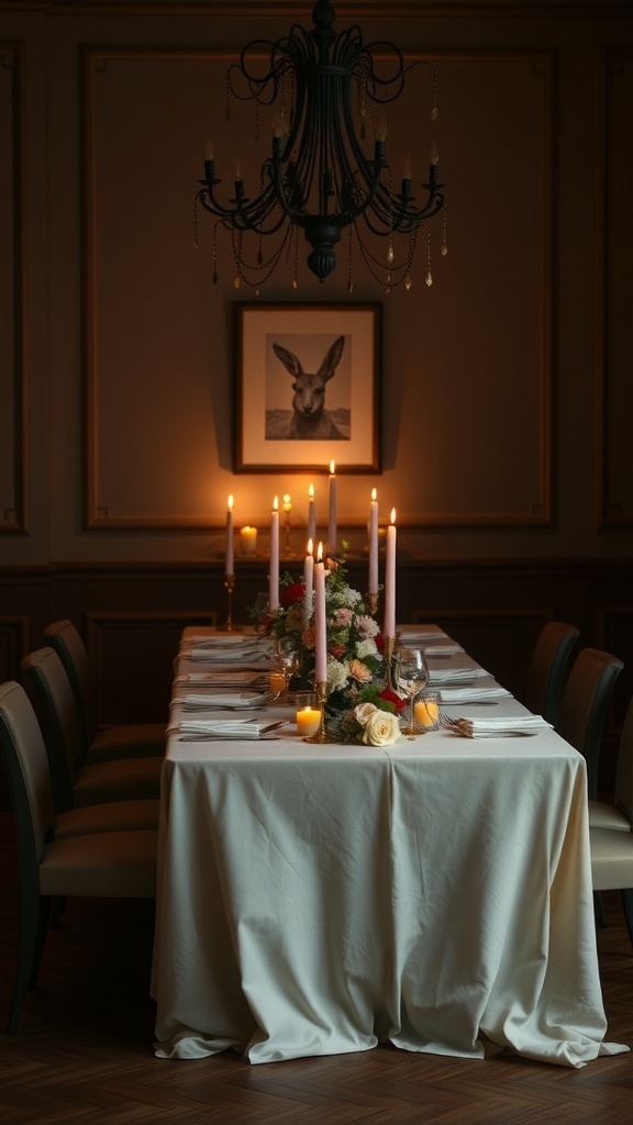 A beautifully arranged table for a rehearsal dinner with candles and floral decorations.
