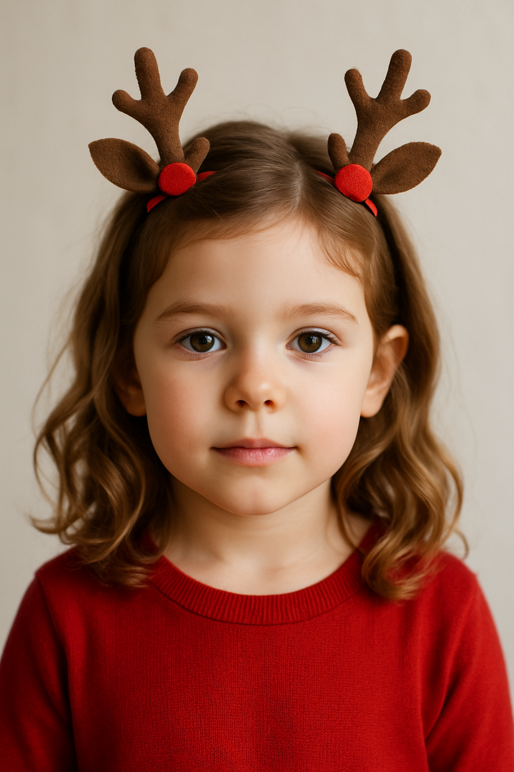 A young child wearing a reindeer antler headband with a red sweater