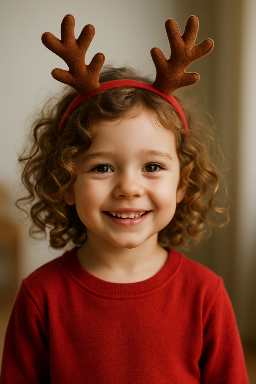 A smiling child wearing a reindeer antler hairband and a red sweater.