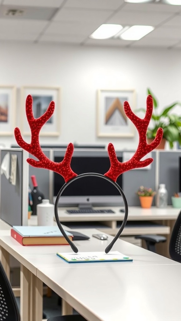 A red reindeer antler headband placed on a desk in an office cubicle.