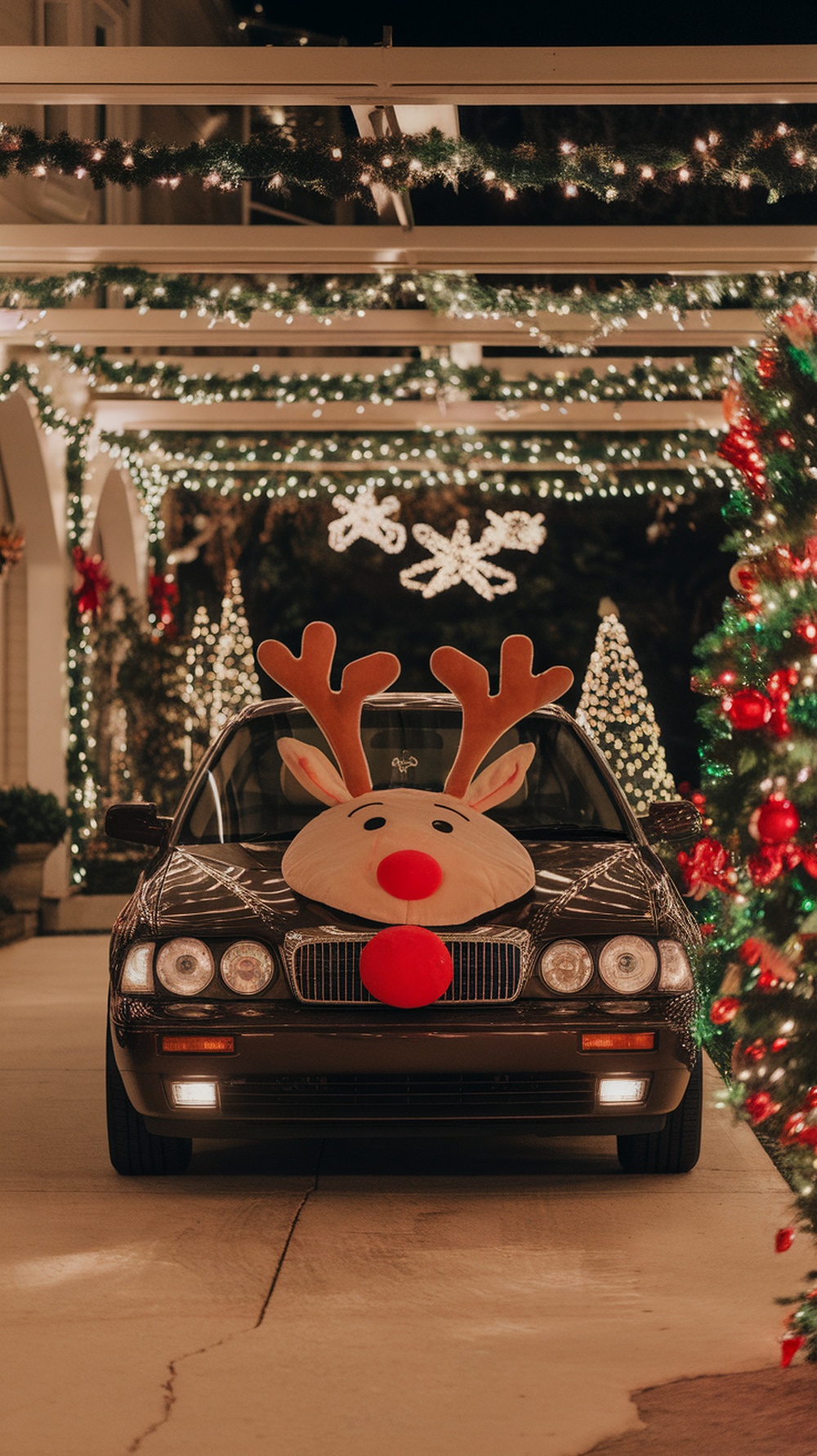 A car decorated with reindeer antlers and a red nose, surrounded by Christmas lights and decorations.