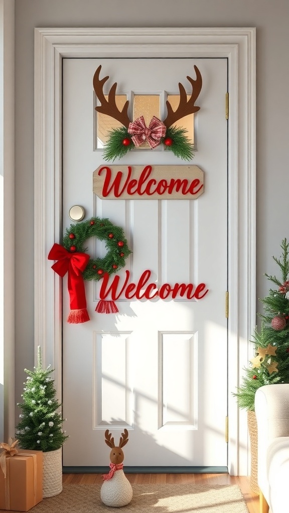 A festive door decorated with reindeer antlers, a wreath, and a 'Welcome' sign, surrounded by Christmas trees and a reindeer figurine.
