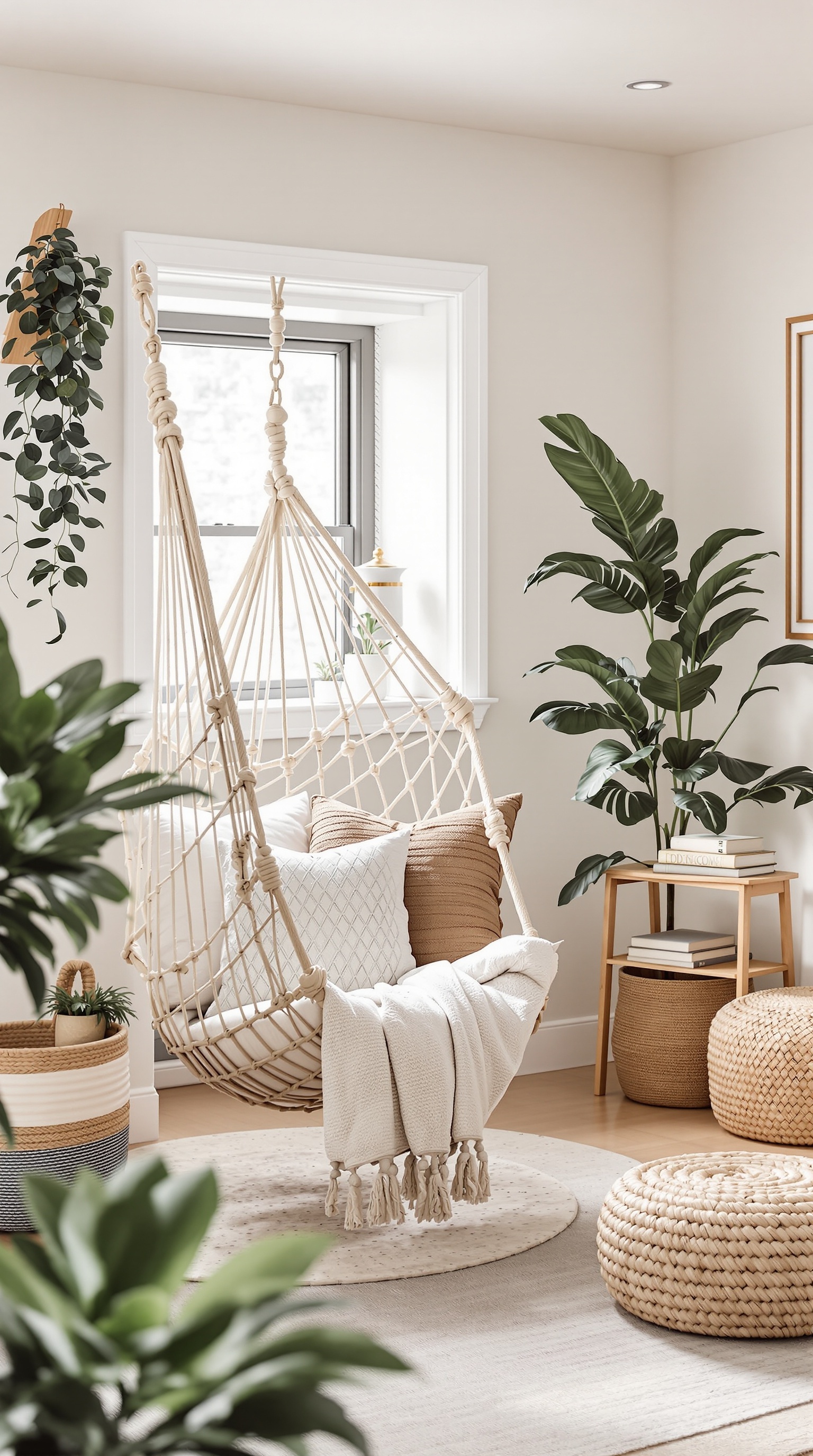 A cozy relaxation nook featuring a hanging chair, plants, and soft pillows in a basement family room.