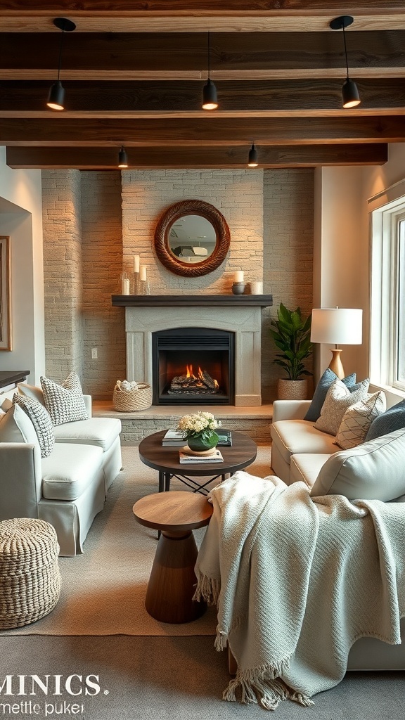 Cozy basement relaxation zone featuring a fireplace, soft seating, and warm decor.