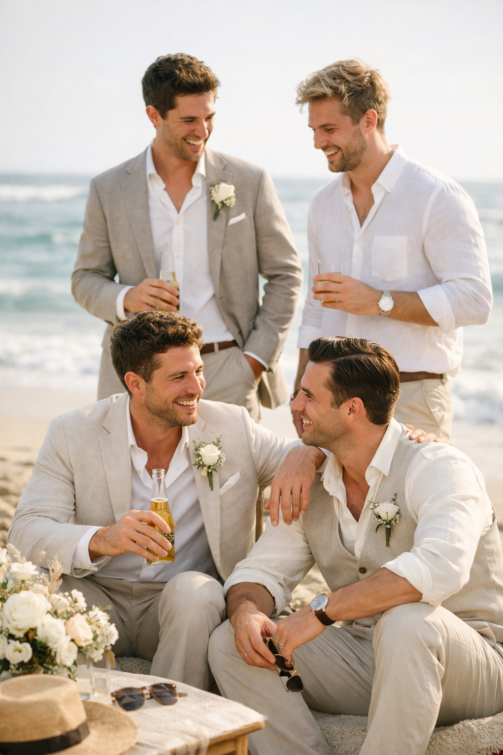 Groomsmen enjoying drinks on the beach, dressed in light suits and smiling.
