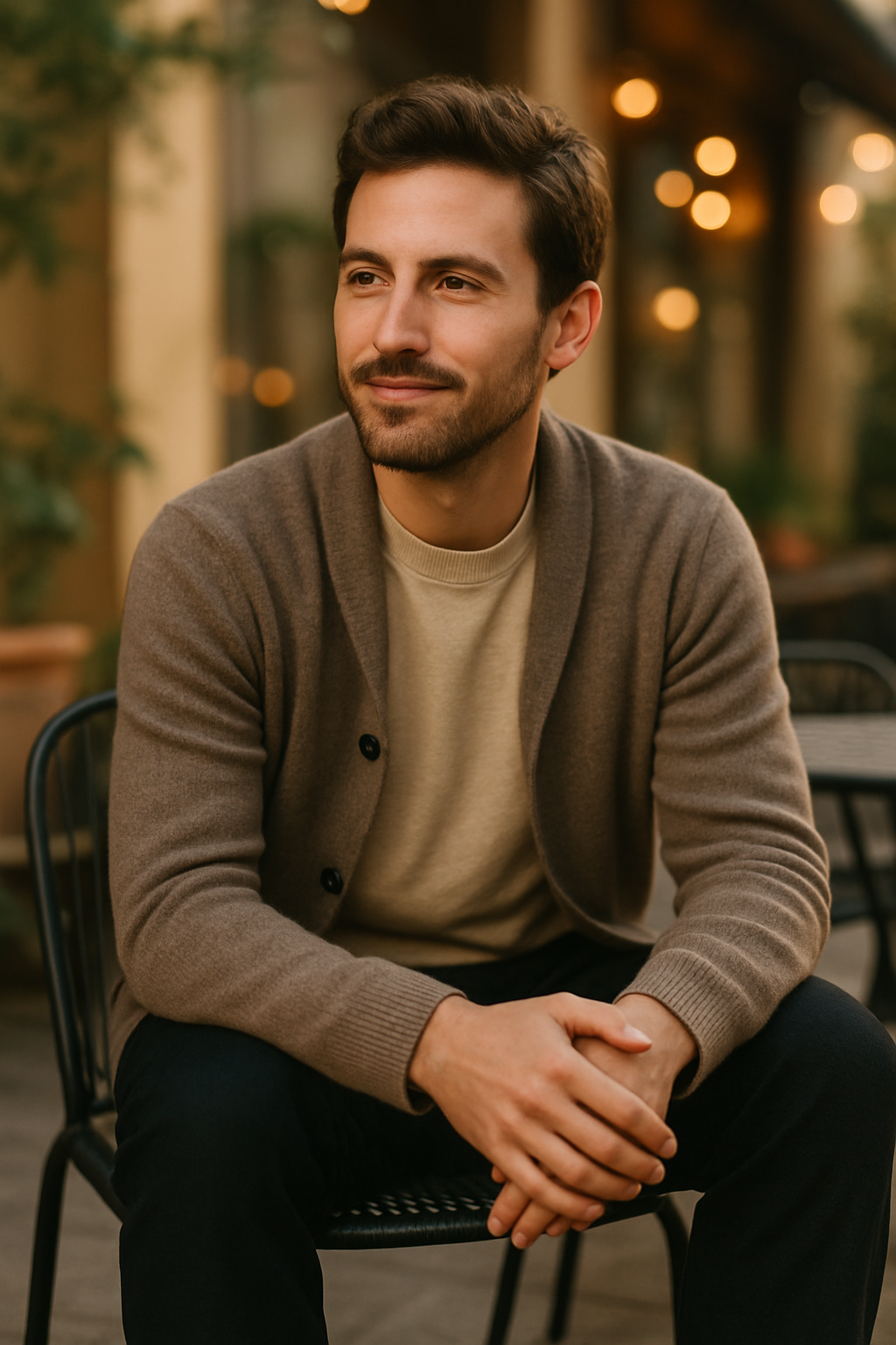 A man in a relaxed outfit featuring linen pants, seated in an outdoor setting with a cozy cardigan.