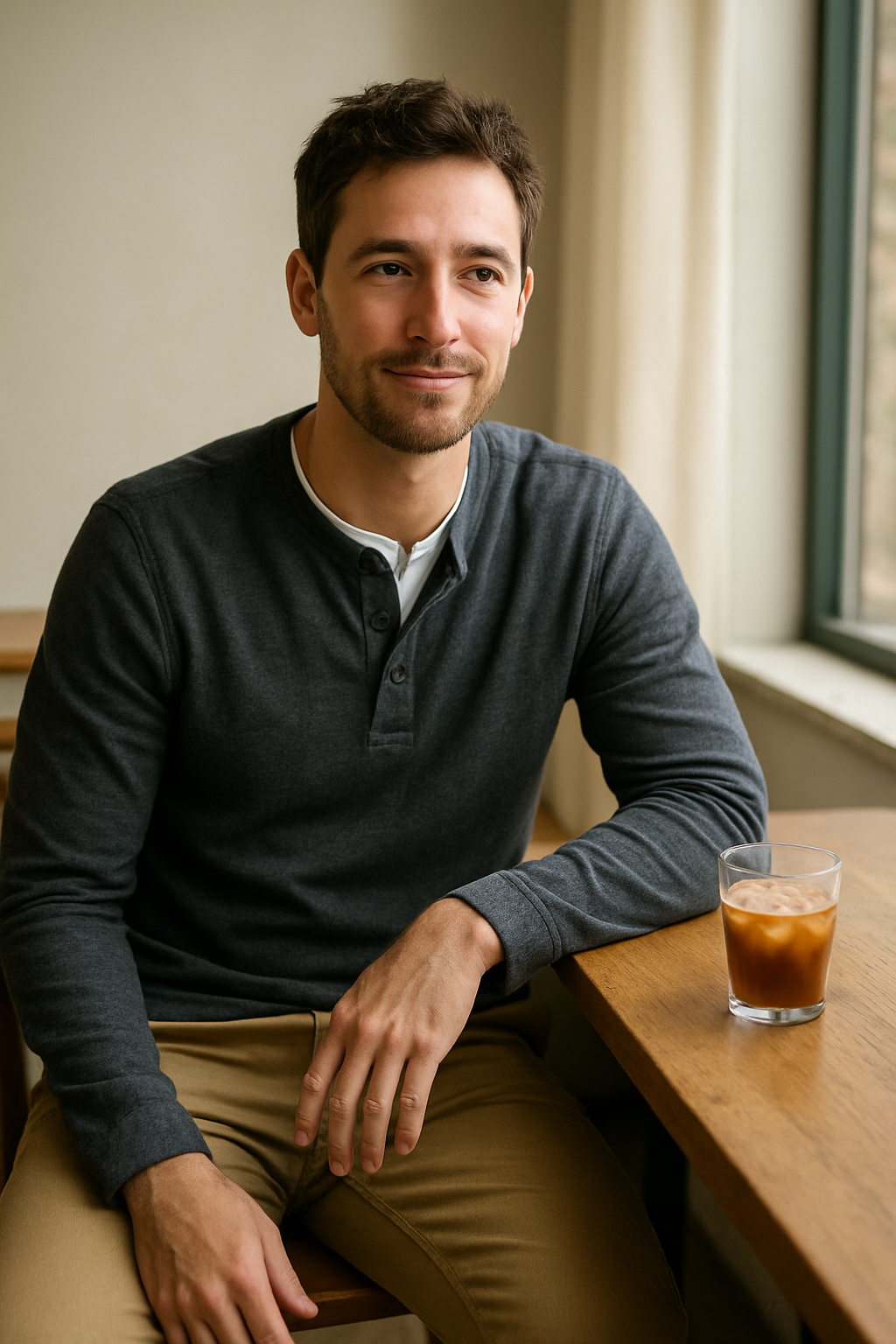 A man in a gray Henley shirt and chinos sits at a table with a drink, looking relaxed and confident.