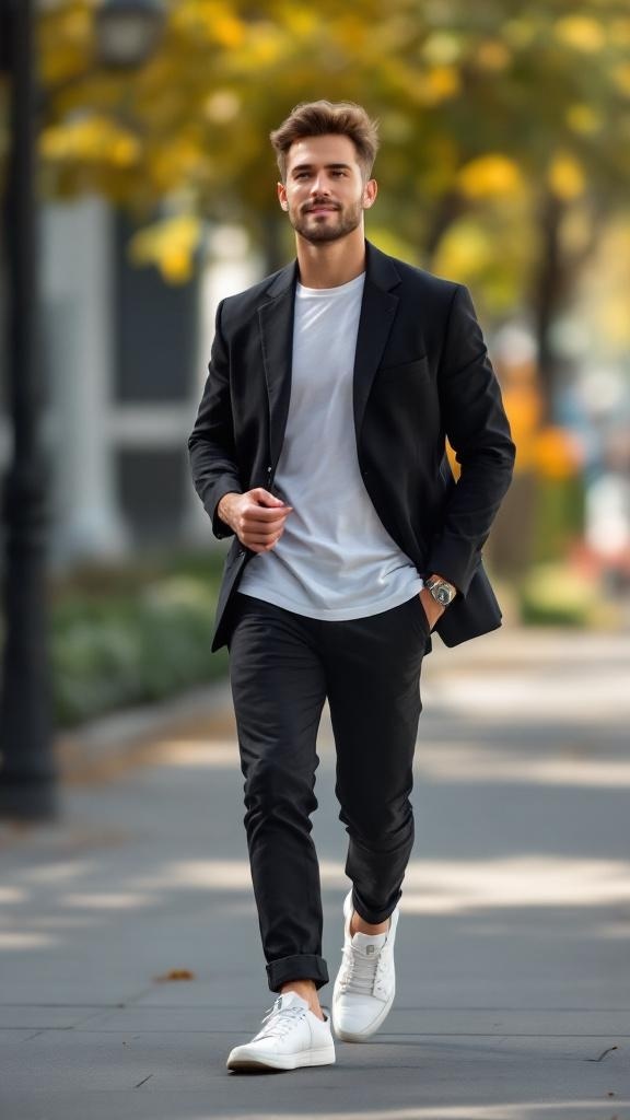 Man wearing a black blazer with a white t-shirt and casual sneakers, walking outdoors.