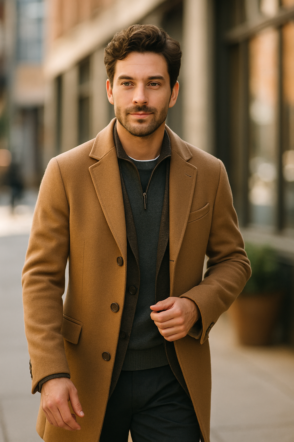 A man wearing a quarter zip sweater under a coat, walking on a city street.