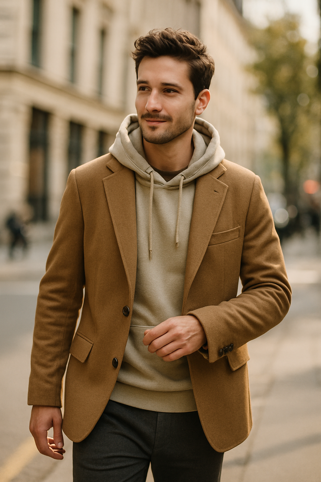 Man wearing a beige hoodie under a brown blazer, walking in a city street.