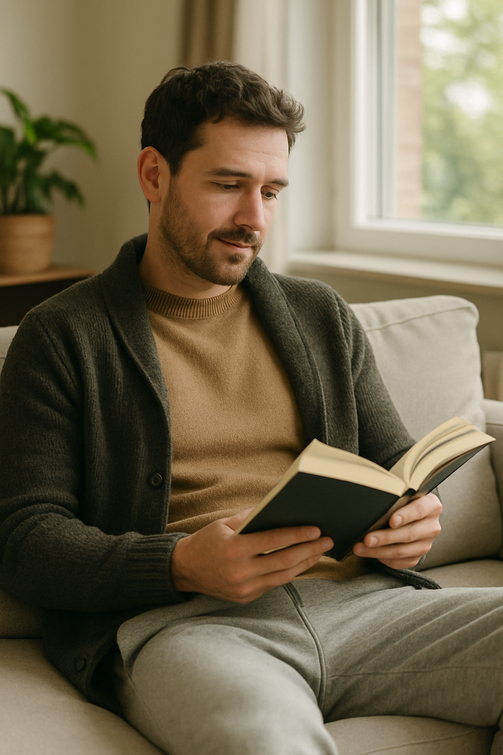 A man sitting on a sofa, wearing grey joggers, a beige sweater, and a dark cardigan, reading a book.