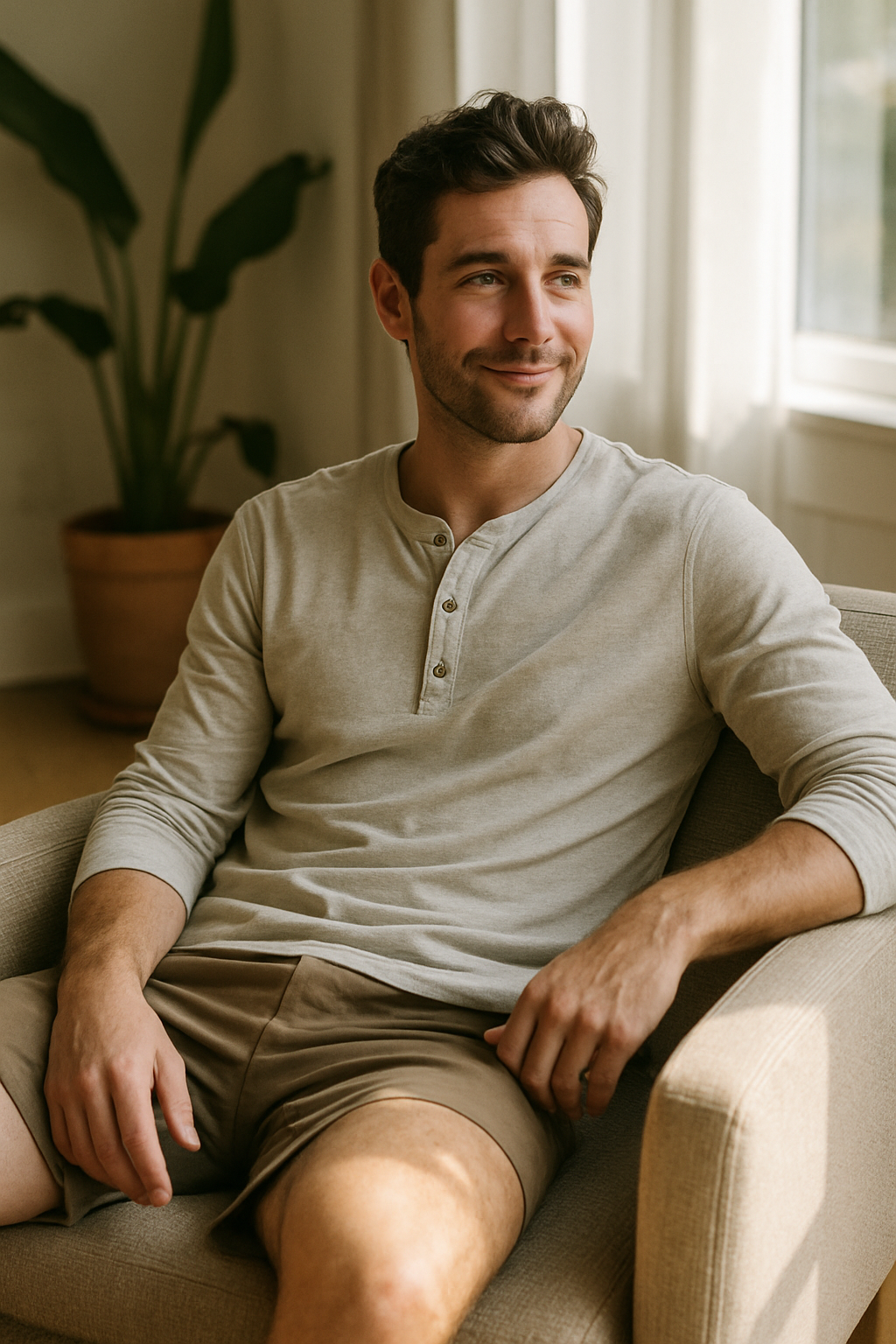 A man sitting comfortably in a chair, wearing a light-colored Henley shirt and shorts, exuding a relaxed vibe.