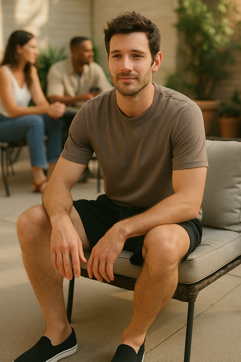 A man sitting casually in a brown t-shirt and black shorts, wearing black slip-on shoes, enjoying a relaxed weekend atmosphere.