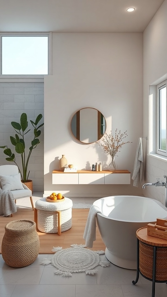 A bright and airy coastal bathroom featuring a modern bathtub, natural elements, and a relaxing atmosphere.