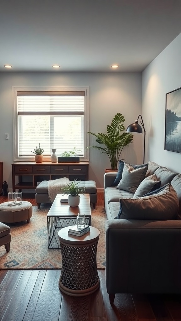 Cozy lounge area with a sofa, coffee table, and plants, designed for relaxation.