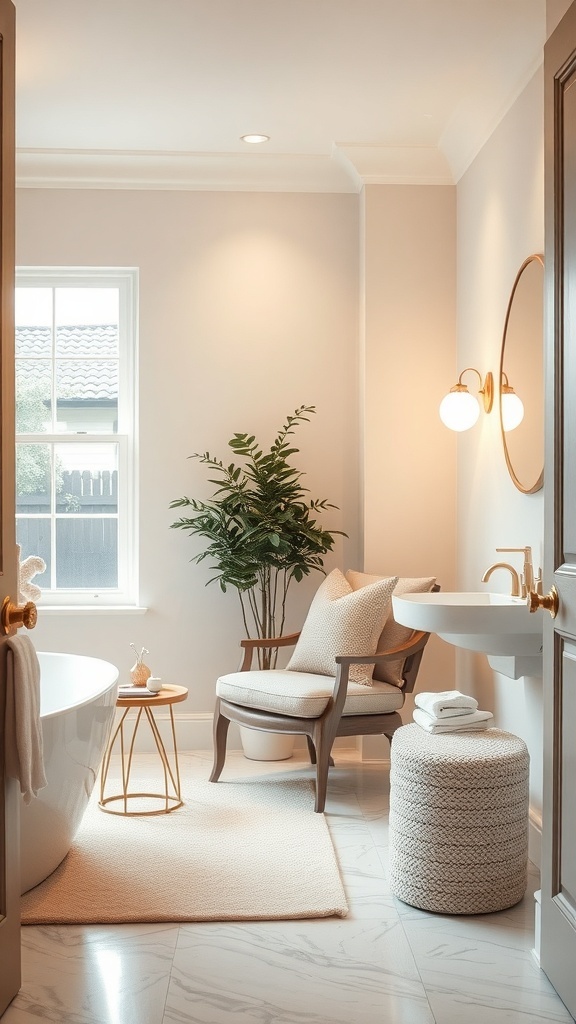 A cozy bathroom lounge area featuring a comfortable chair, side table, and plant.