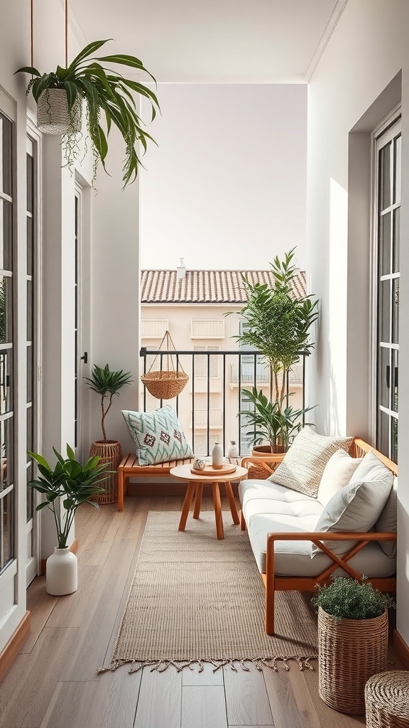 A narrow balcony with a cozy lounge setup, featuring a sofa, coffee table, and various plants.
