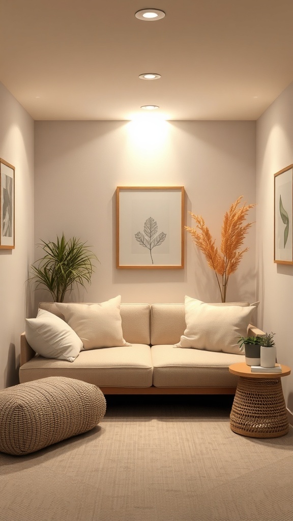 A cozy meditation corner with a neutral couch, plush pillows, plants, and calming decor.