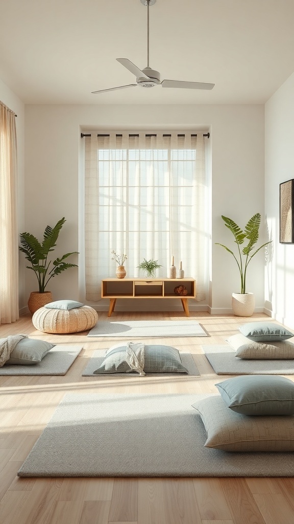 A serene meditation space with floor cushions, plants, and natural light.