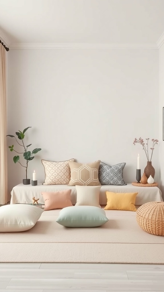 A cozy meditation zone with soft pillows, candles, and plants, creating a peaceful atmosphere.
