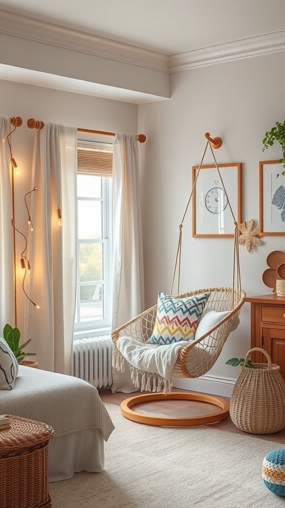 A cozy reading corner featuring a hanging chair, soft cushions, and warm lighting.