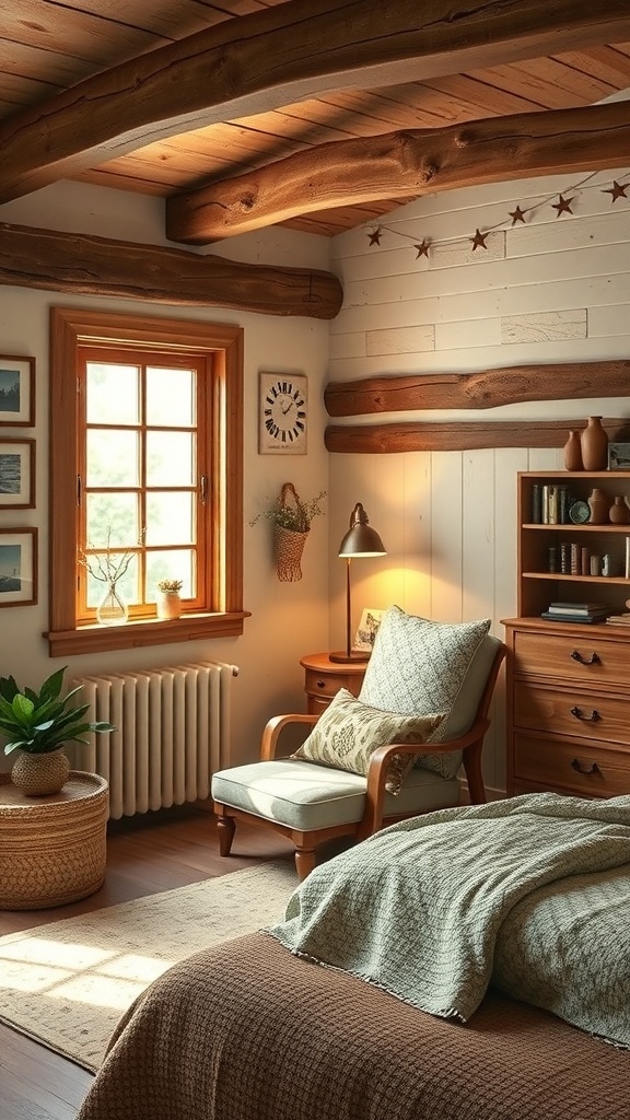 Cozy reading nook in a rustic bedroom with a comfortable chair, wooden beams, and natural light.