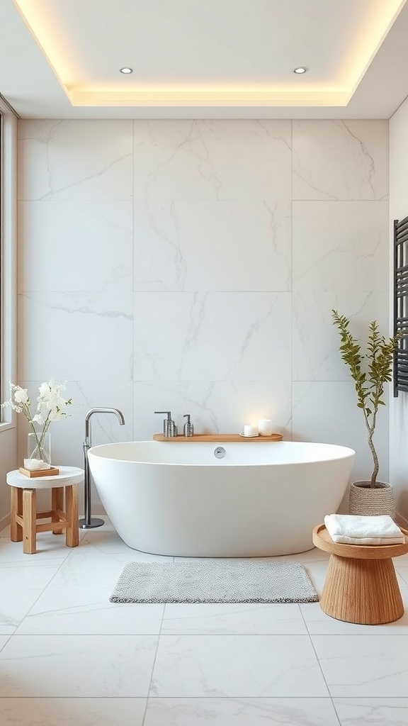 Modern spa bathroom featuring a soaking tub, marble walls, and wooden accents.