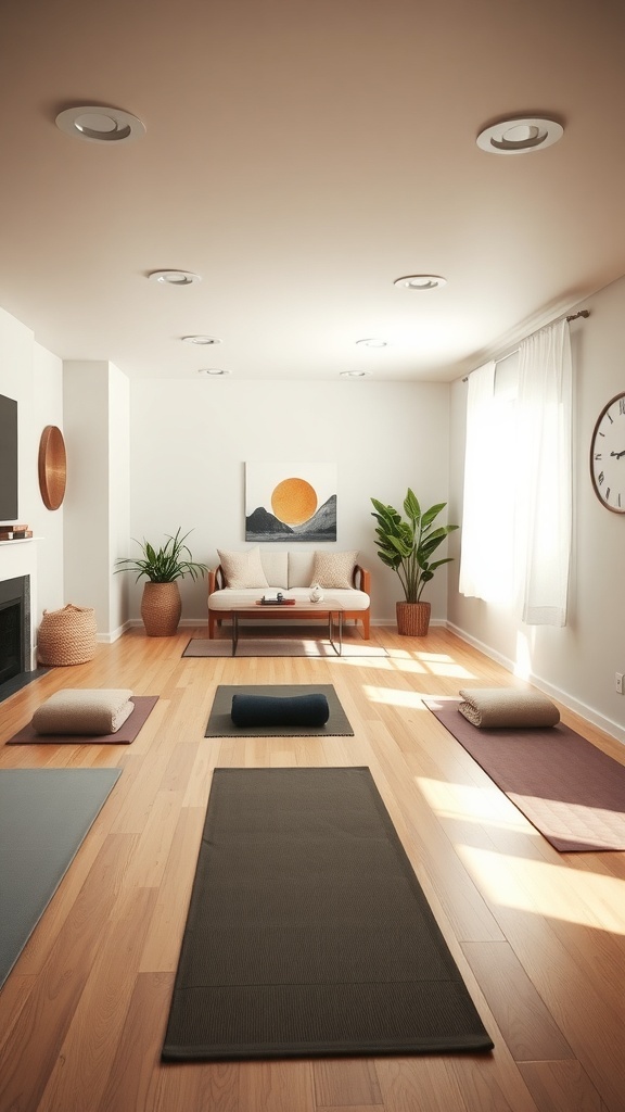 A peaceful yoga studio in a basement with yoga mats, plants, and a cozy seating area.
