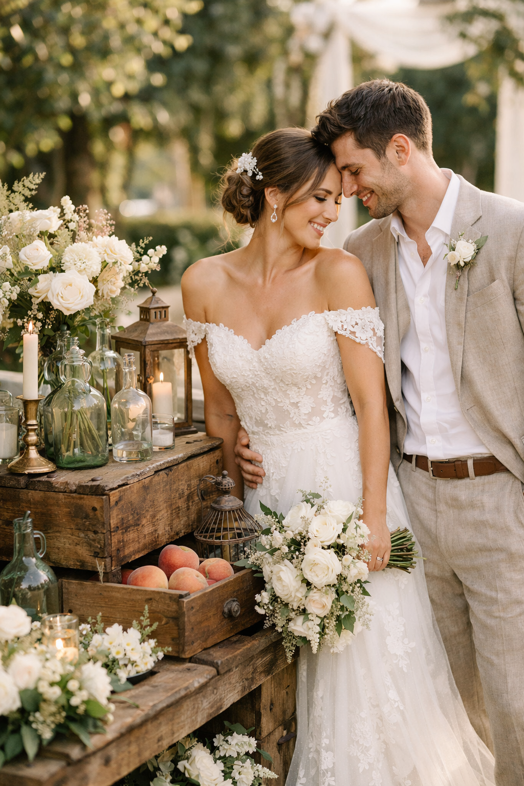 A couple at their outdoor wedding surrounded by repurposed decor including vintage bottles, wooden crates, and fresh flowers.
