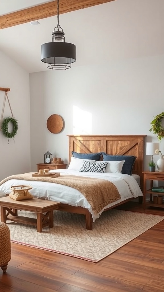 A rustic farmhouse bedroom featuring a wooden bed frame, cozy blanket, and natural decor elements.