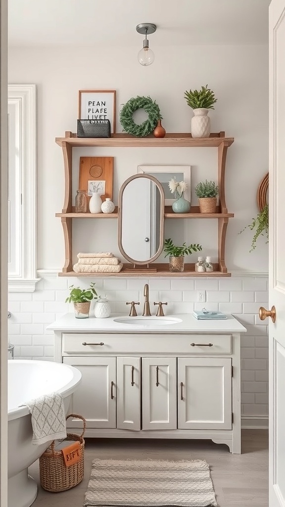 Wooden shelves with decorative items and plants in a modern bathroom.
