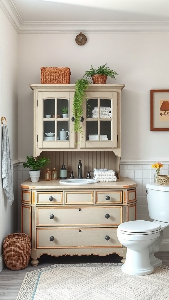 A vintage-style bathroom cabinet with glass doors, potted plants, and towels, serving as an elegant storage solution.