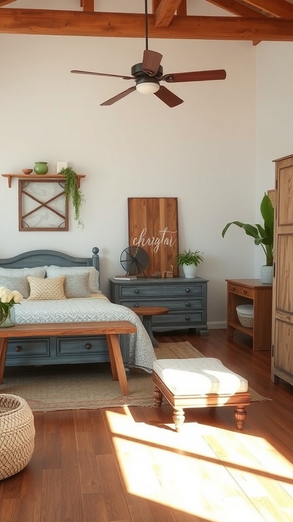 A vintage farmhouse bedroom featuring a gray bed, wooden bench, and rustic decor.