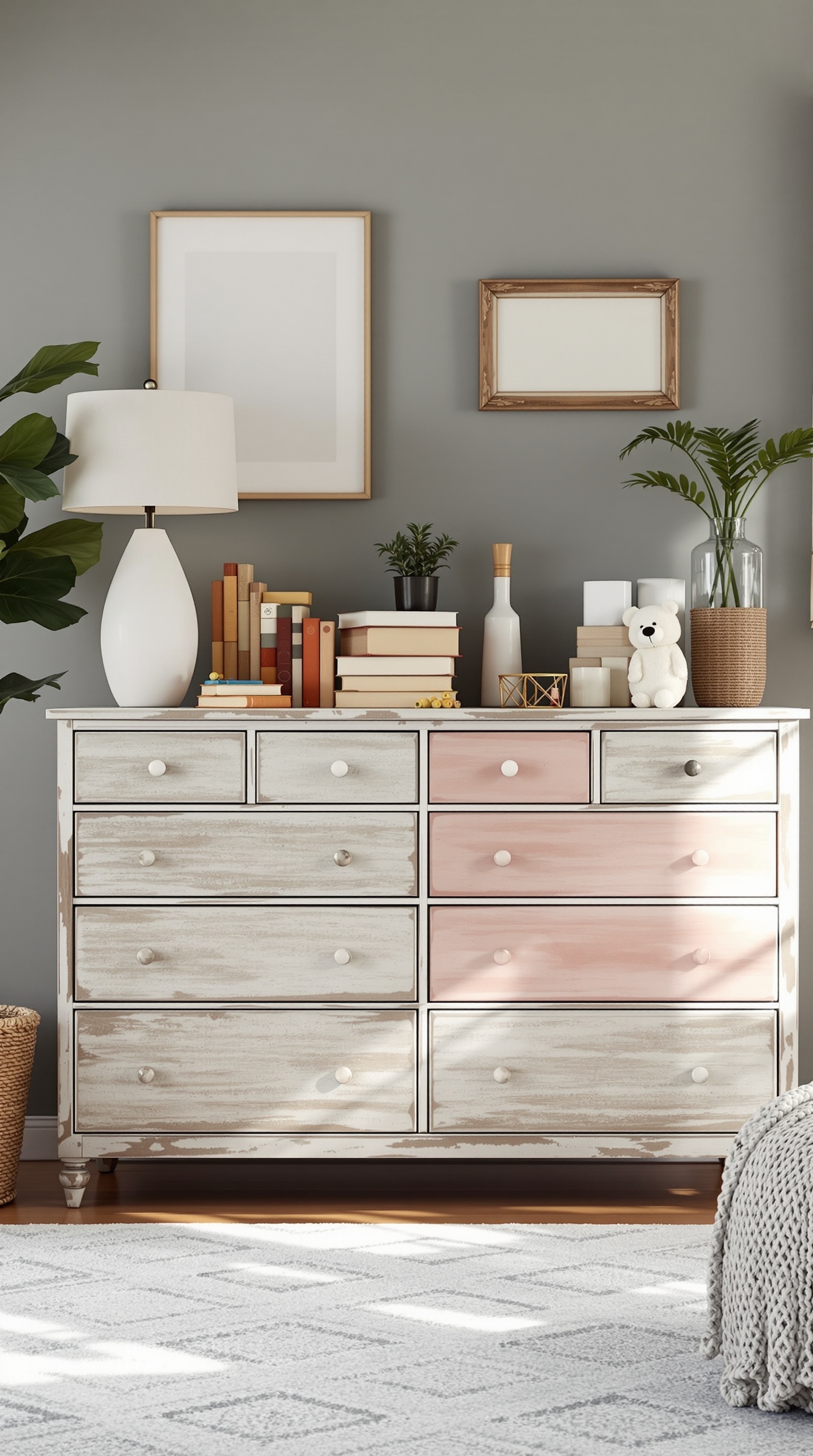 A stylish dresser with various drawers, decorated with books, plants, and a soft toy, showcasing creative storage ideas for a living room.