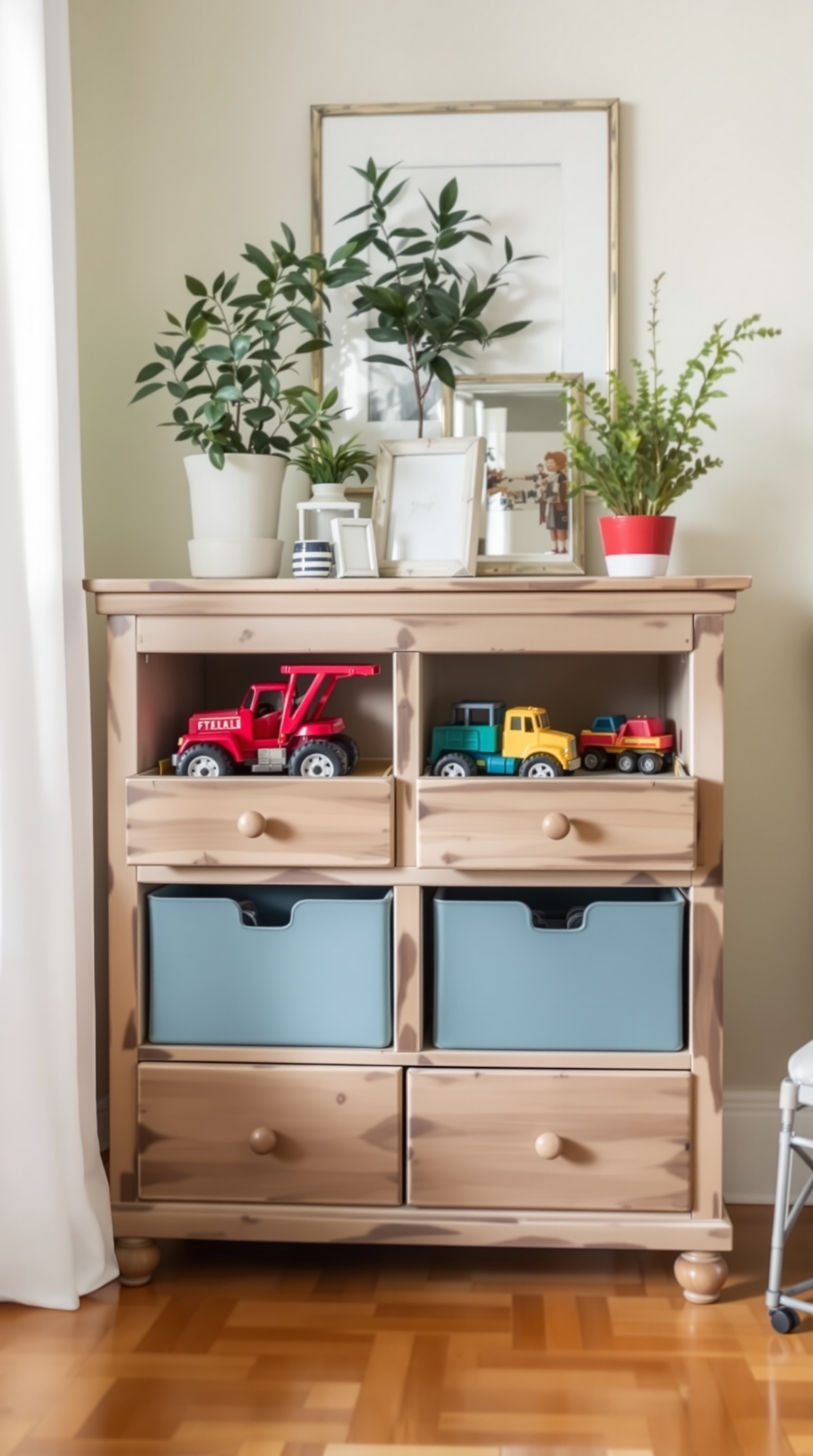 A wooden dresser with toy trucks on top and storage bins below, surrounded by plants.