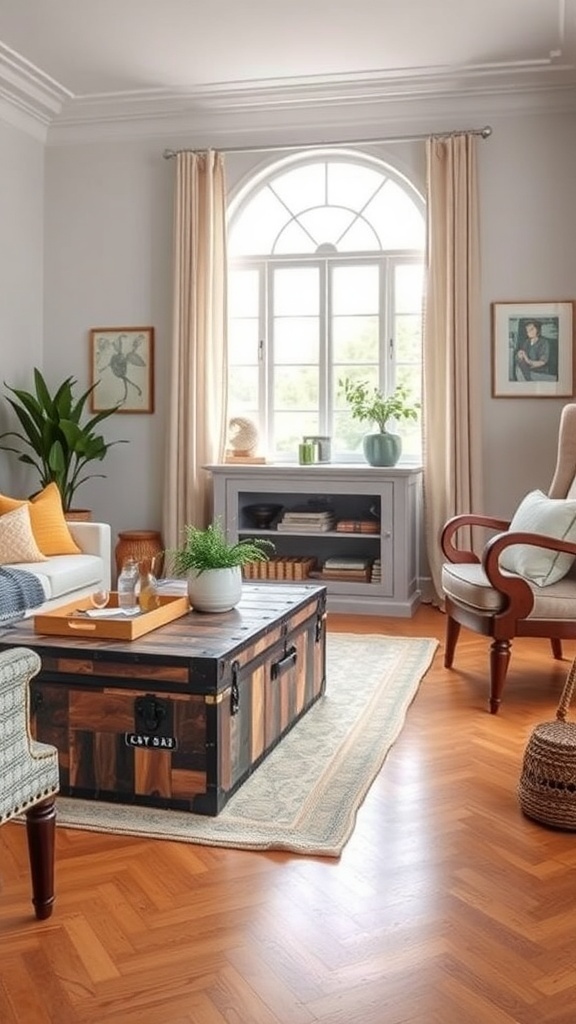 Cozy living room with a trunk coffee table and stylish decor