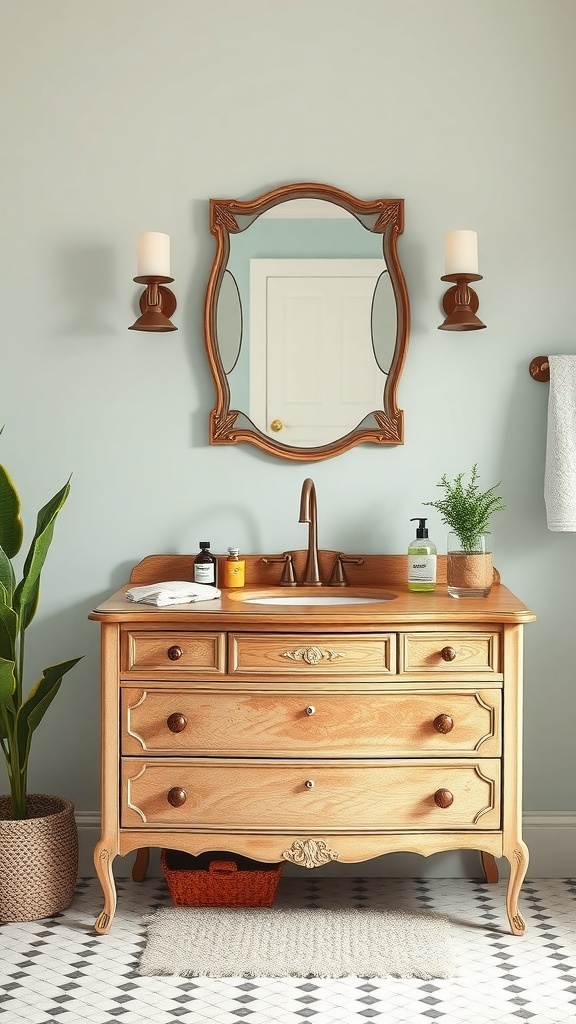 A wooden dresser converted into a bathroom vanity with a sink, surrounded by light blue walls and decorative items.