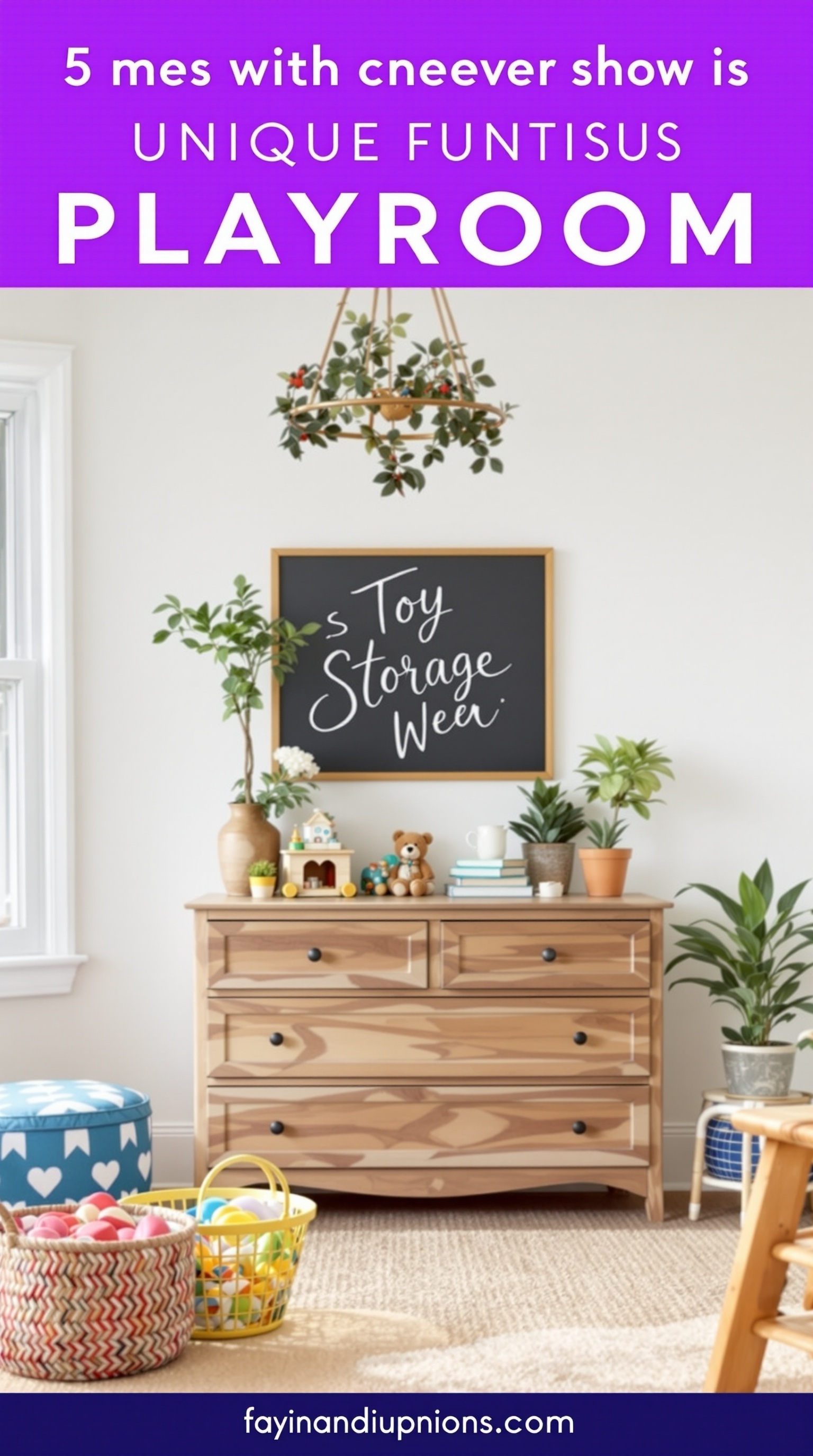 A playroom with a wooden dresser for toy storage, a chalkboard saying 'Toy Storage Week,' colorful baskets, and plants.