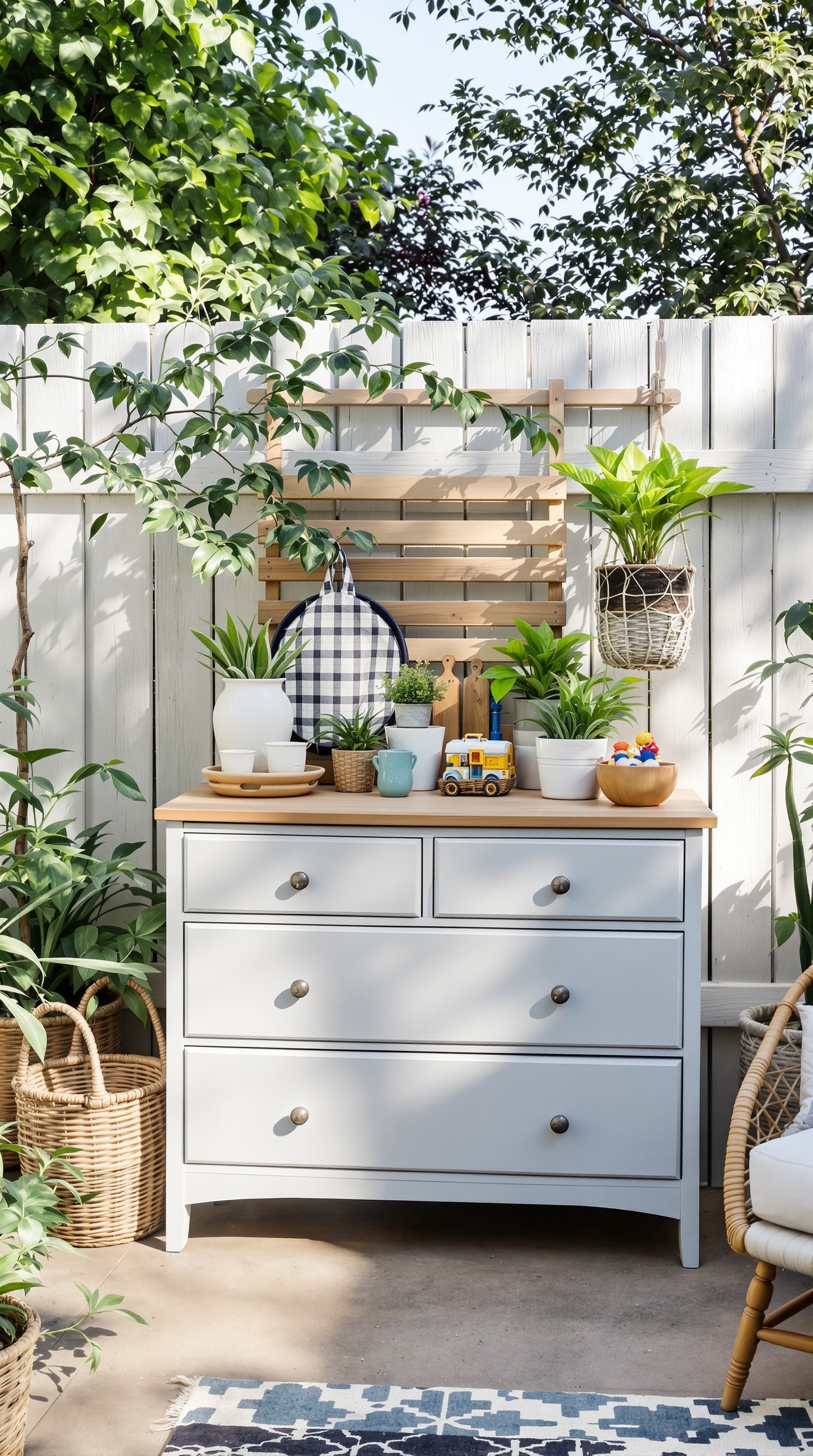 A repurposed dresser used for outdoor toy storage, surrounded by plants.