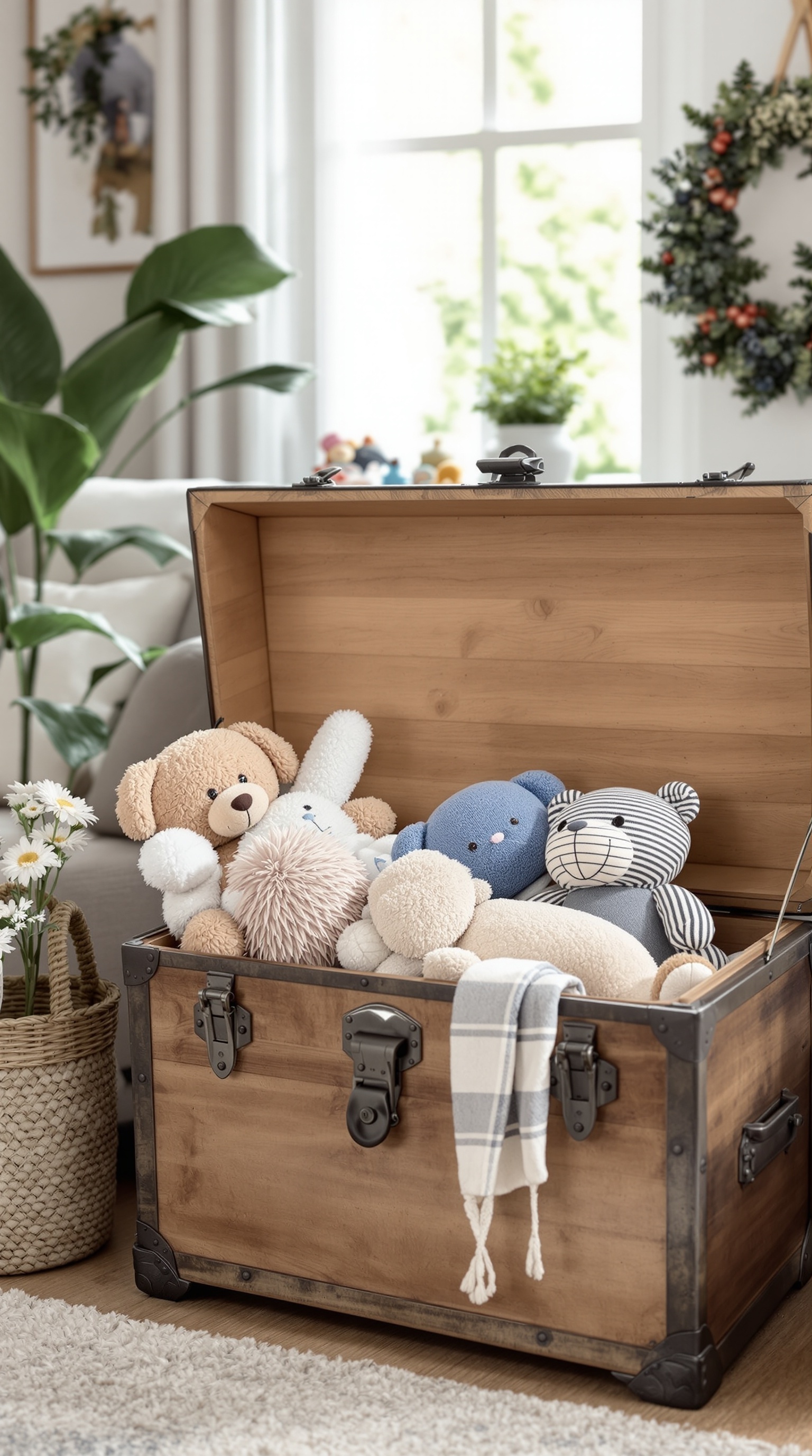 A wooden trunk filled with soft toys, placed in a cozy room with plants and decor.