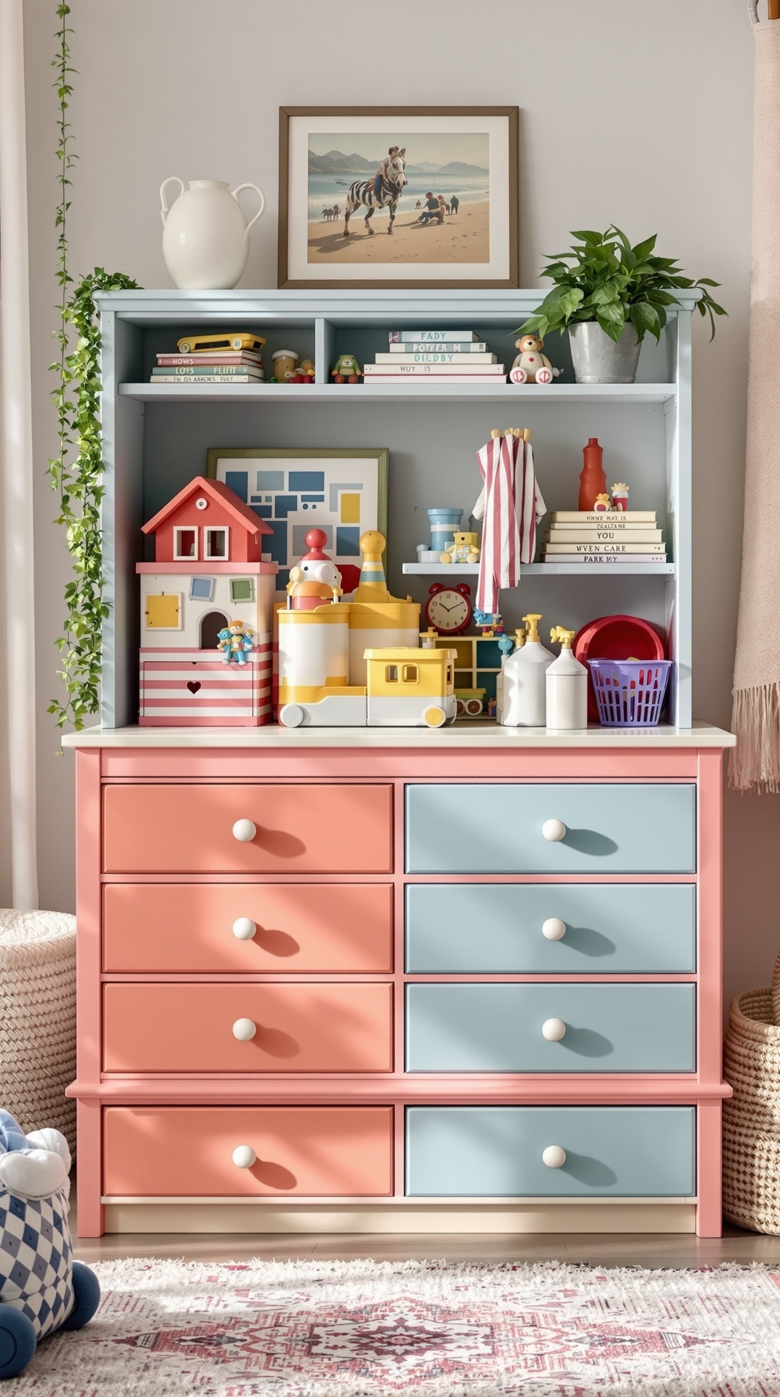 A colorful dresser repurposed for toy storage, featuring toys, books, and plants.