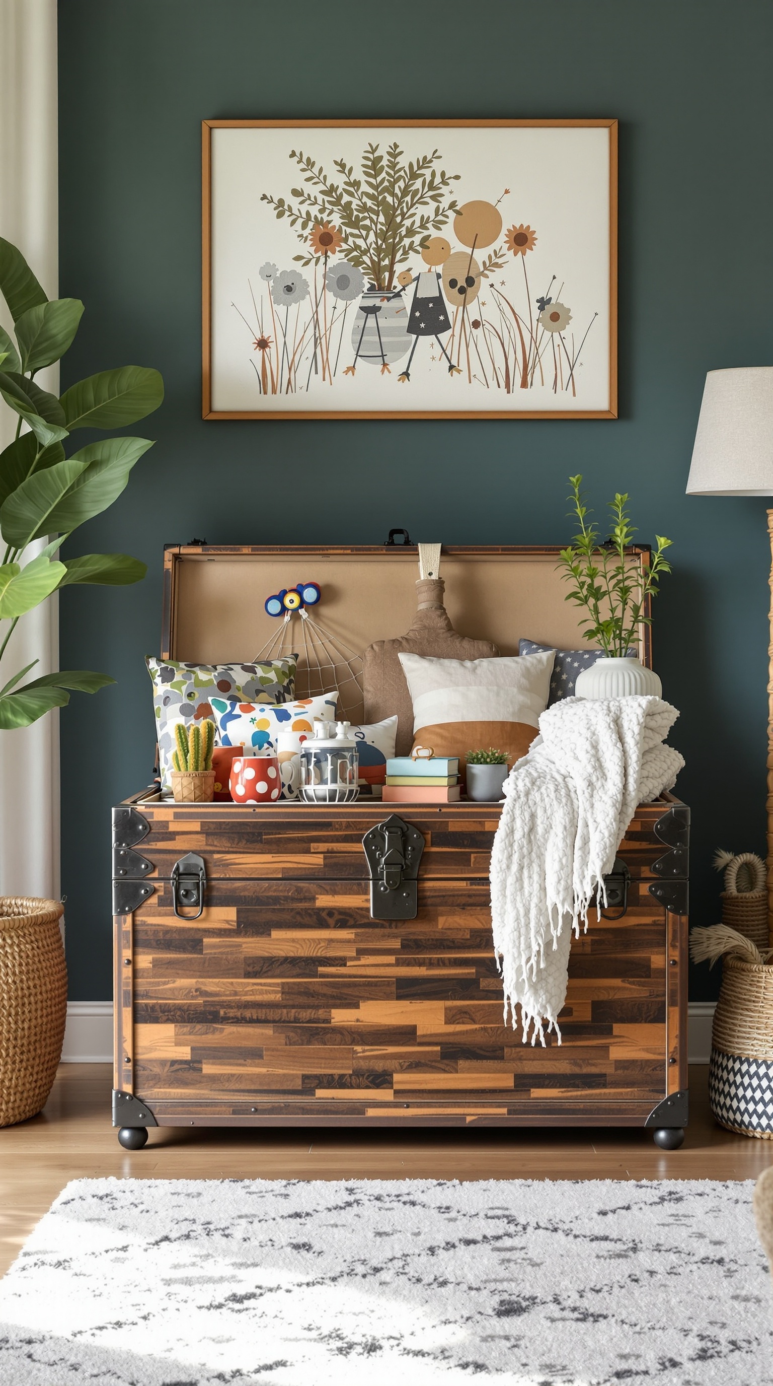 A wooden trunk used for toy storage in a stylish living room setting.