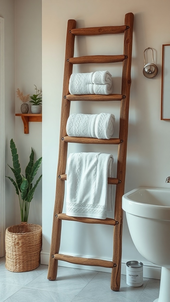 A wooden ladder used for towel storage in a bathroom, displaying neatly rolled towels.