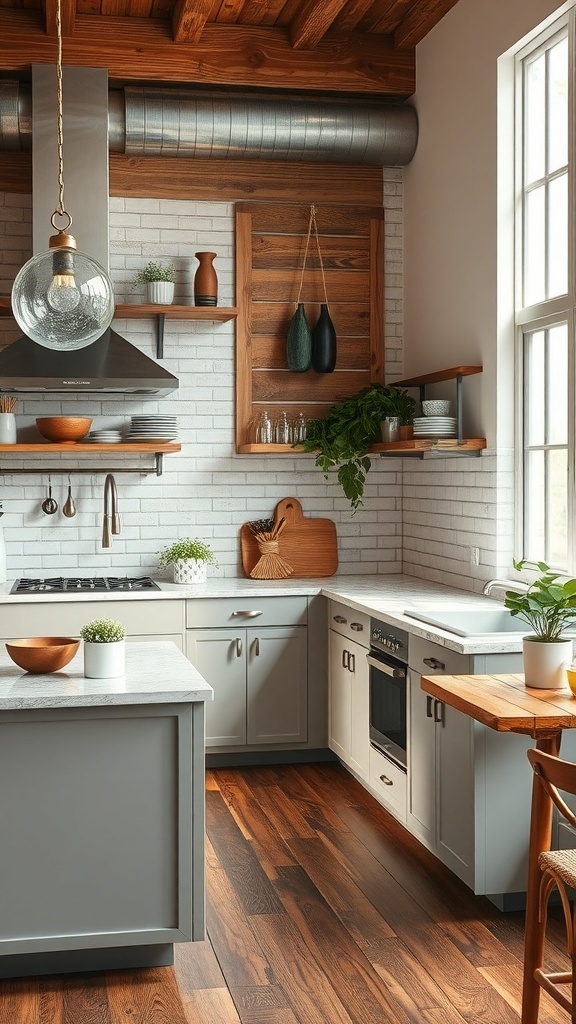A cozy kitchen featuring repurposed wooden shelves, metal accents, and plants.