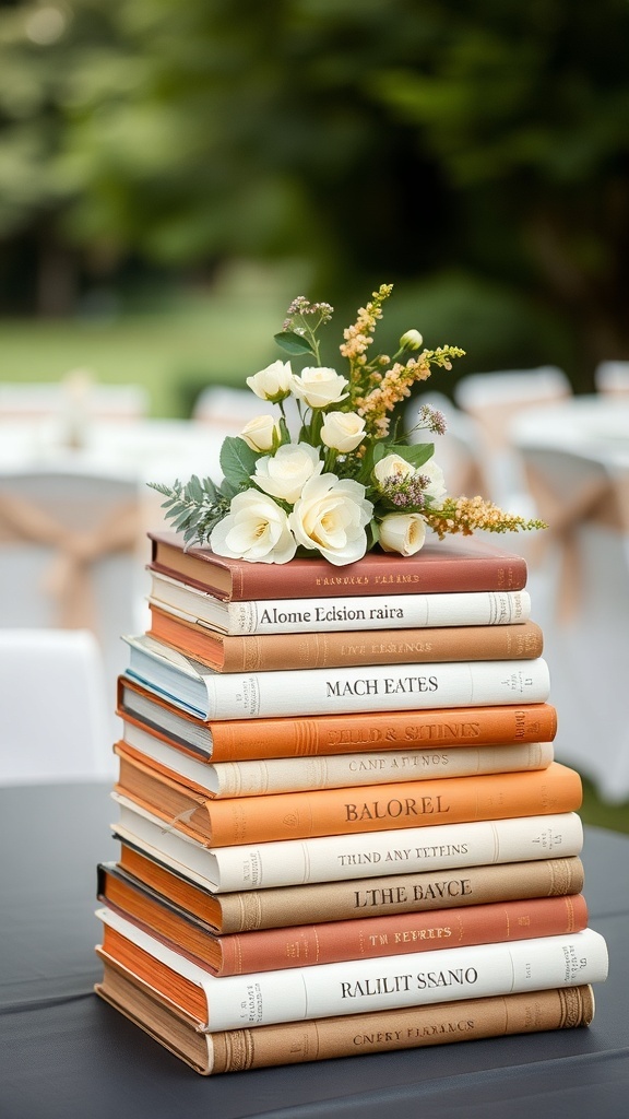 A wedding centerpiece featuring stacked vintage books with a floral arrangement on top.