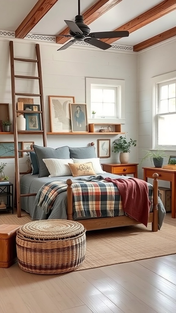 A cozy farmhouse bedroom featuring a wooden bed, plaid blanket, vintage decor, and a wooden ladder.