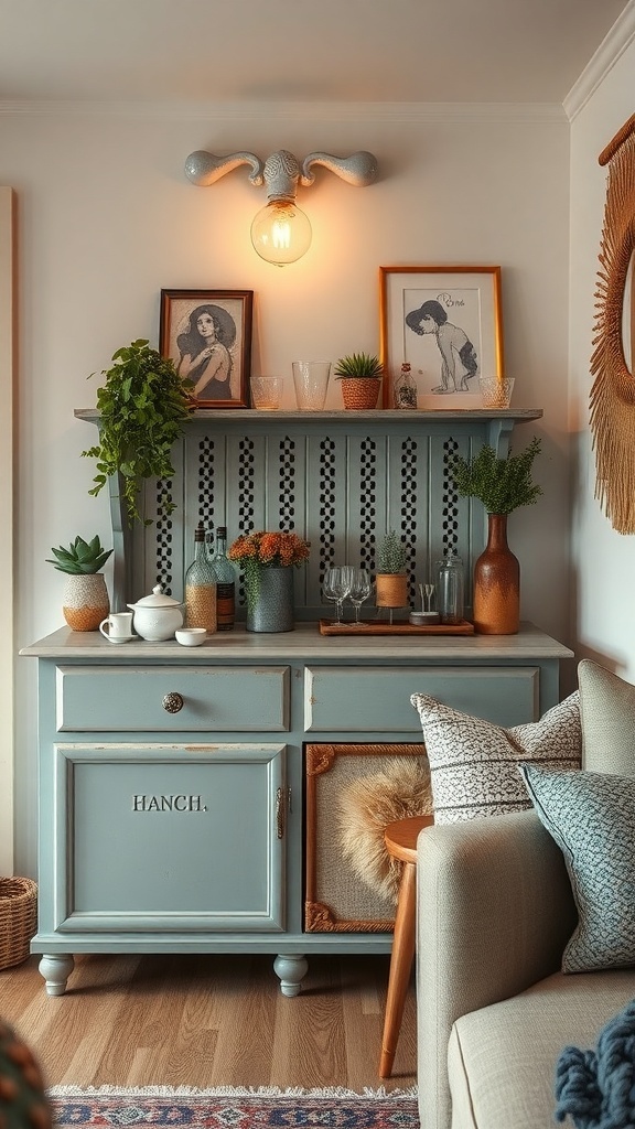 A vintage blue cabinet used as a tiny bar, decorated with plants and framed art.