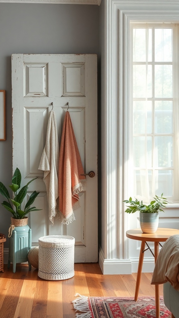 An old door repurposed as a towel rack in a cozy bathroom setting.
