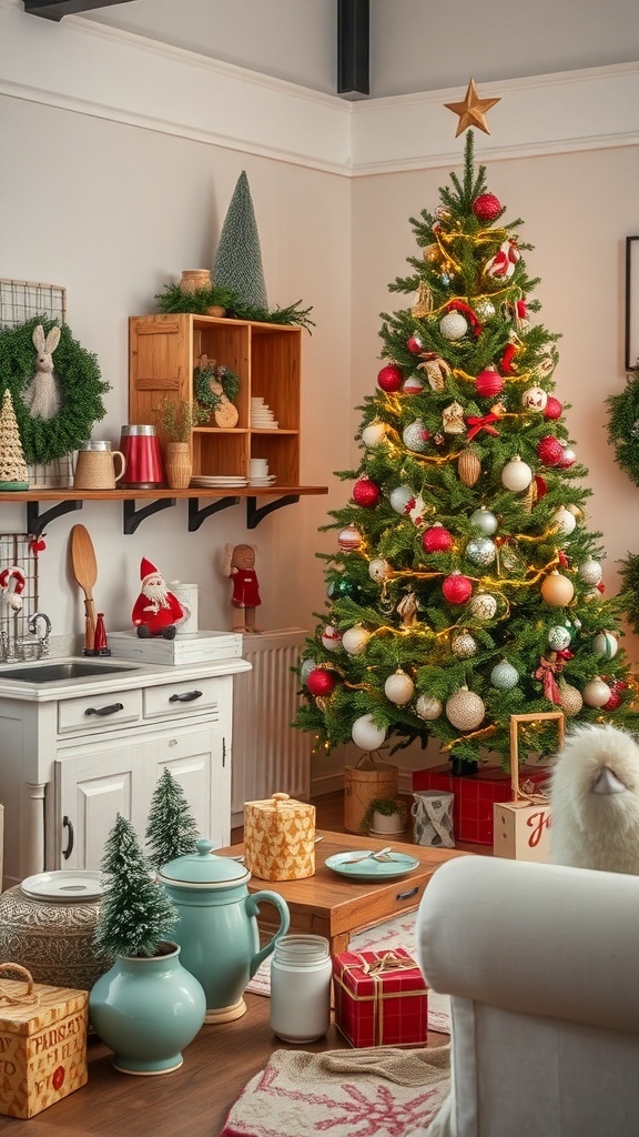 A rustic Christmas tree decorated with vintage ornaments and surrounded by cozy holiday decor.