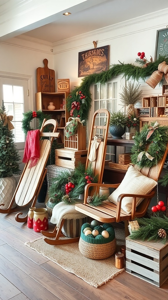 A cozy Christmas decor scene featuring vintage wooden sleds, greenery, and festive ornaments.